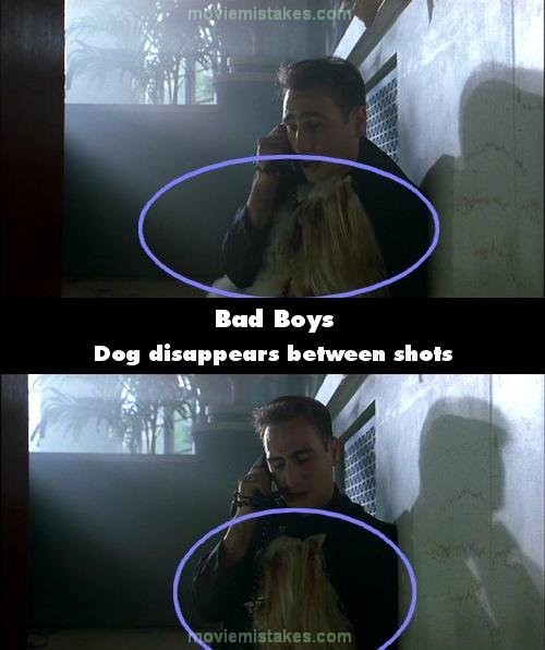 Phim Bad Boys, Chet gọi điện cho 911, ở cảnh đầu tiên, anh ôm 2 con chó, nhưng ở cảnh kế tiếp thì chỉ còn 1 con